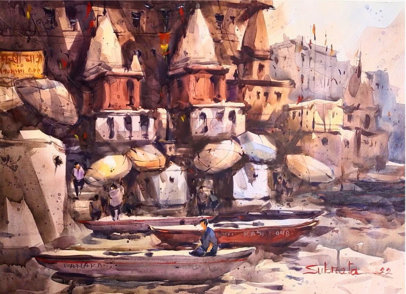 Banaras Ghat 5' religious watercolor painting by artist Subrata Malakar, 22x30 inch, on paper