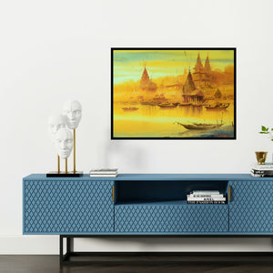 Preview of 'Banaras Ghat' Painting by Ganesh Hire shown on a wall in a furnished room.