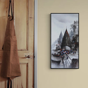 In-situ view of Ashif Hossain's 'Banaras Ghat 50 (Dawn on the Ganges)' painting in a room