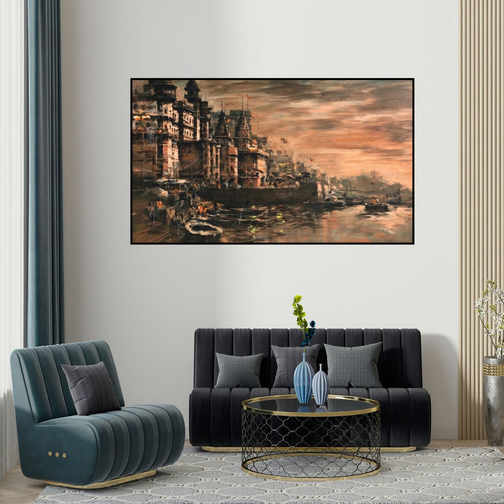 Sandeep Chhatraband's 'Banaras Ghat 50' painting visualized above a sofa in a contemporary room.