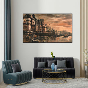 Sandeep Chhatraband's 'Banaras Ghat 50' painting visualized above a sofa in a contemporary room.