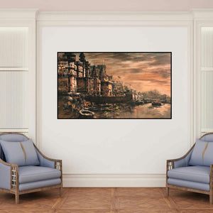 'Banaras Ghat 50' painting by Sandeep Chhatraband shown on a wall in a furnished room.