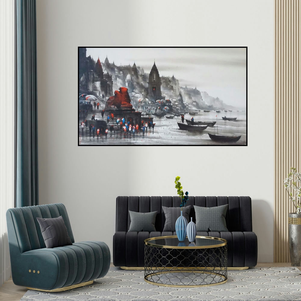 Ashif Hossain's 'Banaras Ghat 52 (Ancient City)' painting visualized above a sofa in a contemporary room.