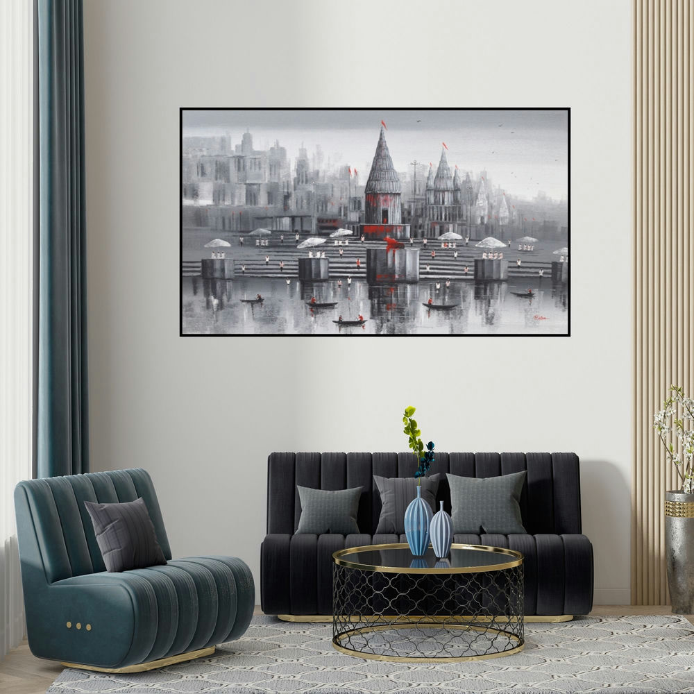 Reba Mandal's 'Banaras Ghat 52 (Sacred Varanasi)' painting visualized above a sofa in a contemporary room.