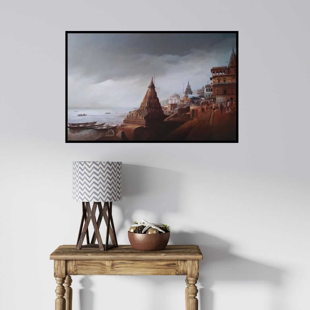 In-situ view of Amit Bhar's 'Banaras Ghat (Stormy Skies over Varanasi)' painting in a room