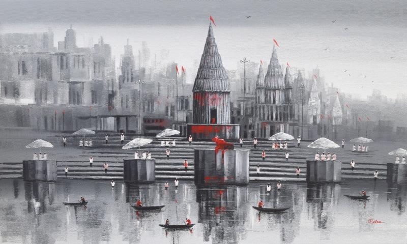 Religious acrylic painting titled 'Banaras Ghat 52', 36x60 inches, by artist Reba Mandal on Canvas