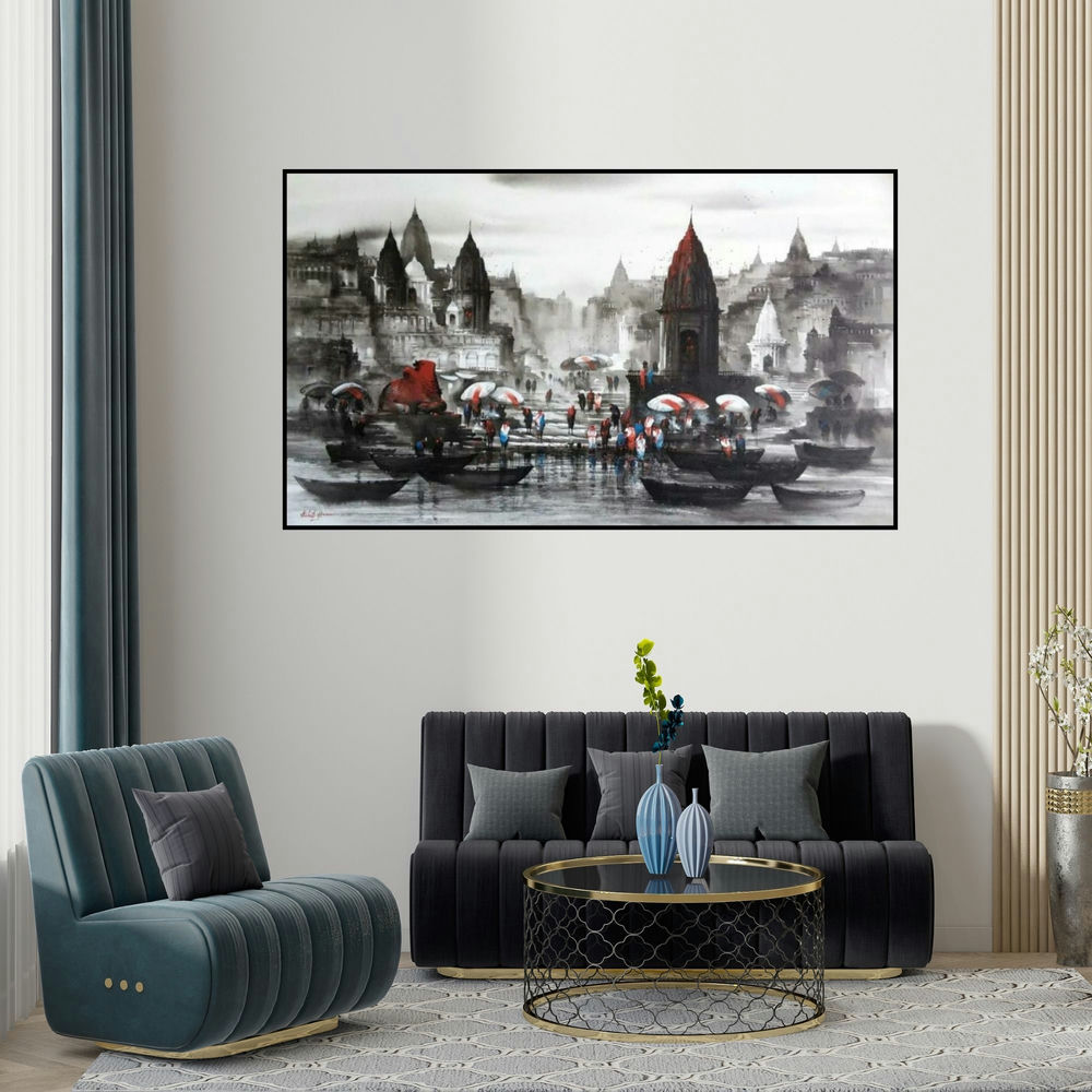 Ashif Hossain's 'Banaras Ghat 53' painting visualized above a sofa in a contemporary room.