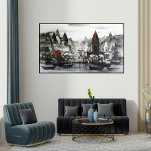 Ashif Hossain's 'Banaras Ghat 53' painting visualized above a sofa in a contemporary room.