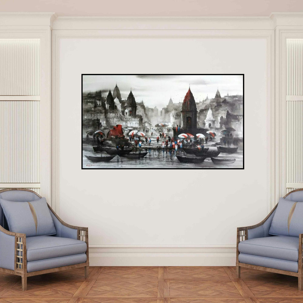 'Banaras Ghat 53' painting by Ashif Hossain shown on a wall in a furnished room.