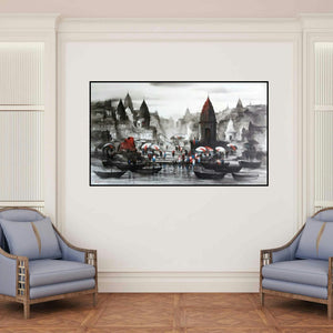 'Banaras Ghat 53' painting by Ashif Hossain shown on a wall in a furnished room.