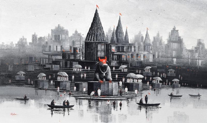 Religious acrylic painting titled 'Banaras Ghat 53', 36x60 inches, by artist Reba Mandal on Canvas