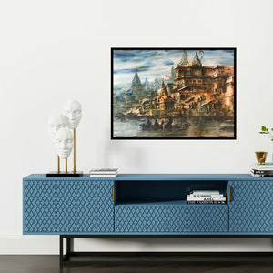 Preview of 'Banaras Ghat 54 (Varanasi Monsoon)' Painting by Sandeep Chhatraband shown on a wall in a furnished room.