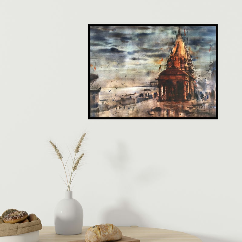 In-situ view of Sandeep Chhatraband's 'Banaras Ghat 55 (Dawn on the Ganges)' painting in a room