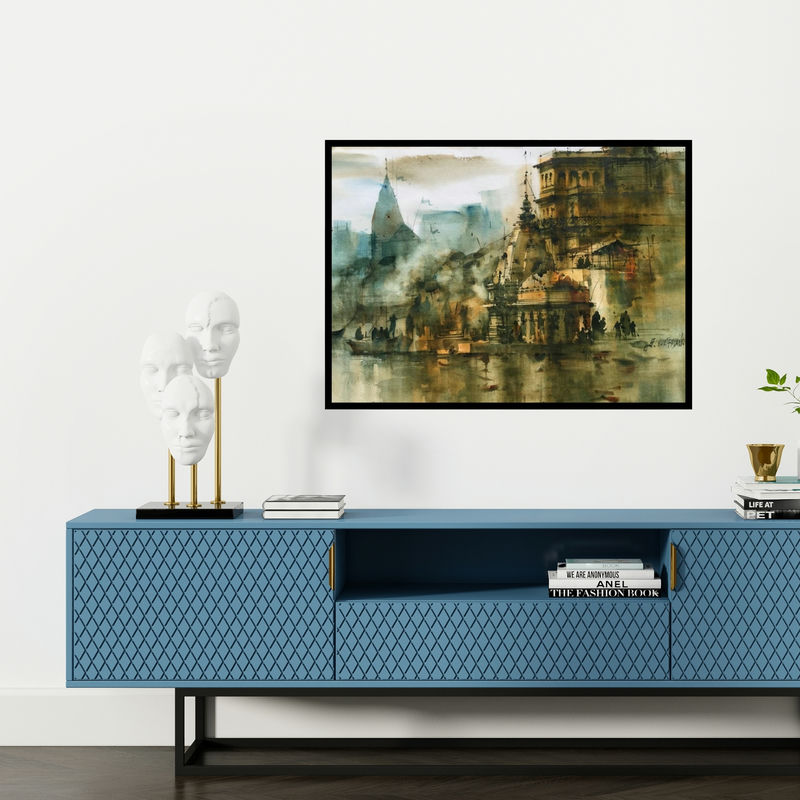 Preview of 'Banaras Ghat 55 (Dawn on the Ganges)' Painting by Sandeep Chhatraband shown on a wall in a furnished room.