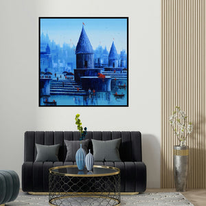 Reba Mandal's 'Banaras Ghat 56 (Varanasi in Blue)' painting visualized above a sofa in a contemporary room.