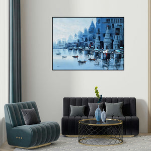 Reba Mandal's 'Banaras Ghat 57 (Serene Cityscape)' painting visualized above a sofa in a contemporary room.