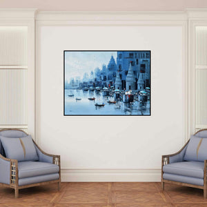 'Banaras Ghat 57 (Serene Cityscape)' painting by Reba Mandal shown on a wall in a furnished room.