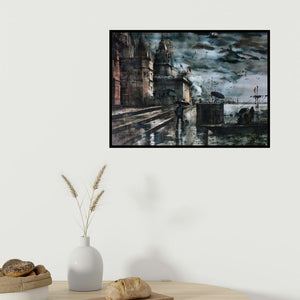 In-situ view of Sandeep Chhatraband's 'Banaras Ghat 57 (Rainy Day at the Ghats)' painting in a room