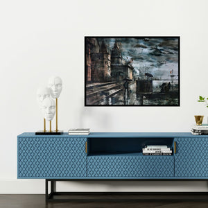 Preview of 'Banaras Ghat 57 (Rainy Day at the Ghats)' Painting by Sandeep Chhatraband shown on a wall in a furnished room.