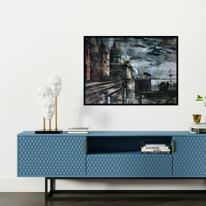 Preview of 'Banaras Ghat 57 (Rainy Day at the Ghats)' Painting by Sandeep Chhatraband shown on a wall in a furnished room.