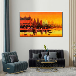 Reba Mandal's 'Banaras Ghat 58 (Golden Dawn on the Ganges)' painting visualized above a sofa in a contemporary room.