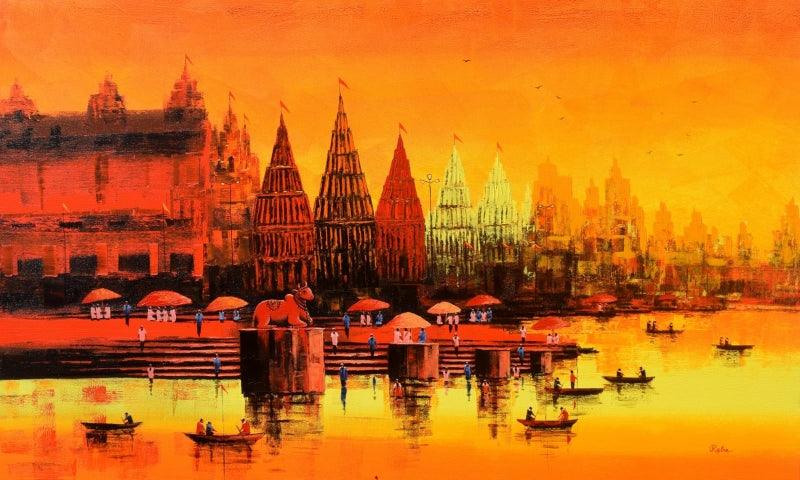 Religious acrylic painting titled 'Banaras Ghat 58', 36x60 inches, by artist Reba Mandal on Canvas