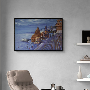In-situ view of Kamal Rao's 'Banaras Ghat (Dawn at the Ghats)' painting in a room