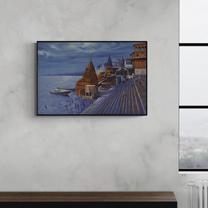 Preview of 'Banaras Ghat (Dawn at the Ghats)' Painting by Kamal Rao shown on a wall in a furnished room.
