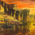 Cityscape acrylic painting titled 'Banaras Ghat 61', 42x72 inches, by artist Sandeep Chhatraband on Canvas