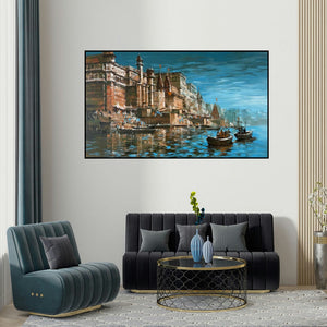 Sandeep Chhatraband's 'Banaras Ghat 62 (Eternal Varanasi)' painting visualized above a sofa in a contemporary room.