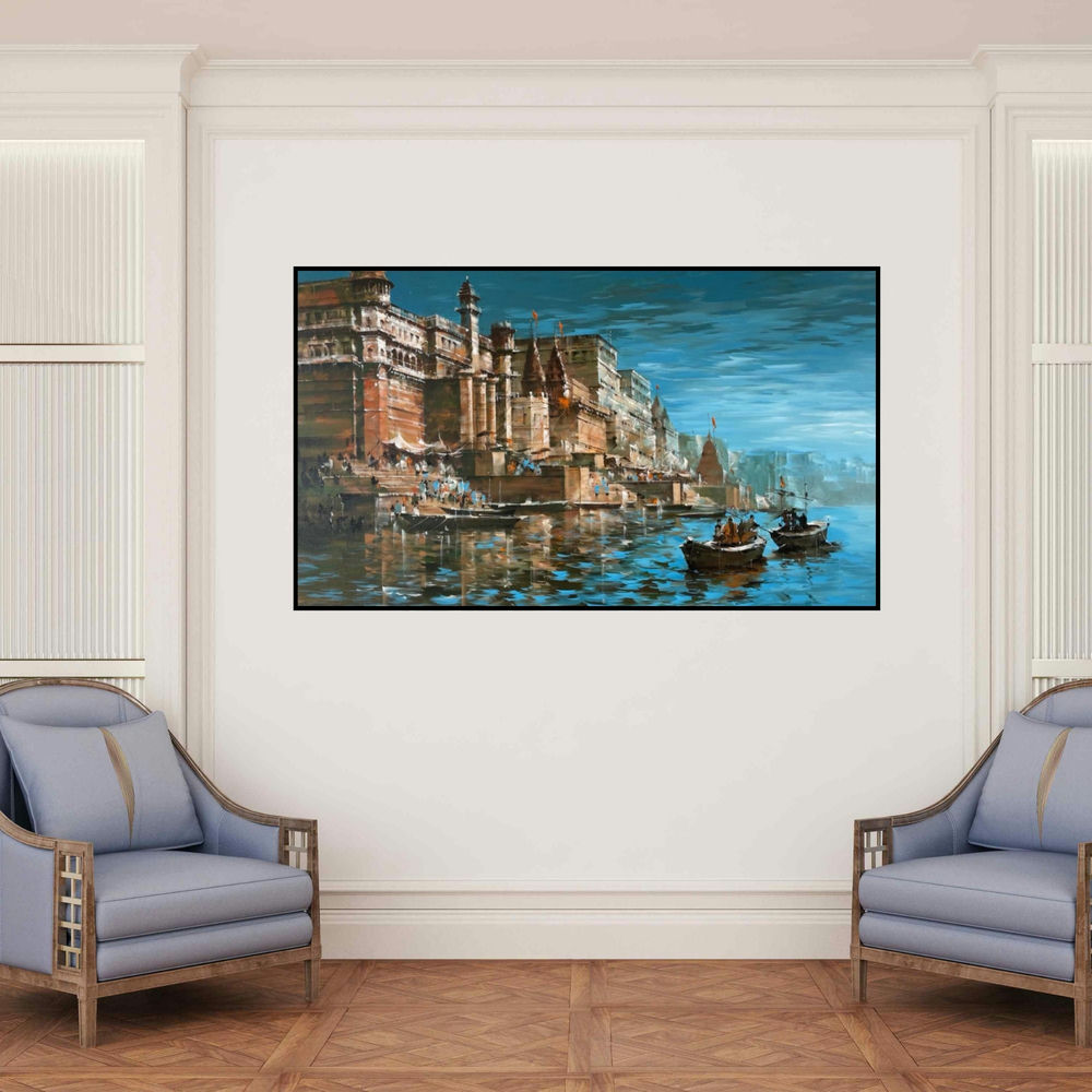 'Banaras Ghat 62 (Eternal Varanasi)' painting by Sandeep Chhatraband shown on a wall in a furnished room.
