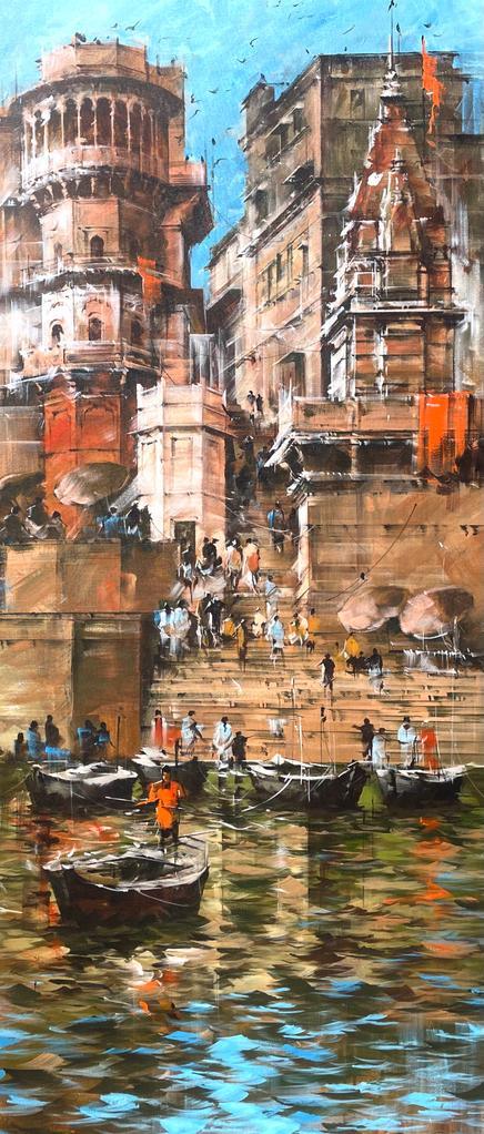 Cityscape acrylic painting titled 'Banaras Ghat 63', 60x24 inches, by artist Sandeep Chhatraband on Canvas