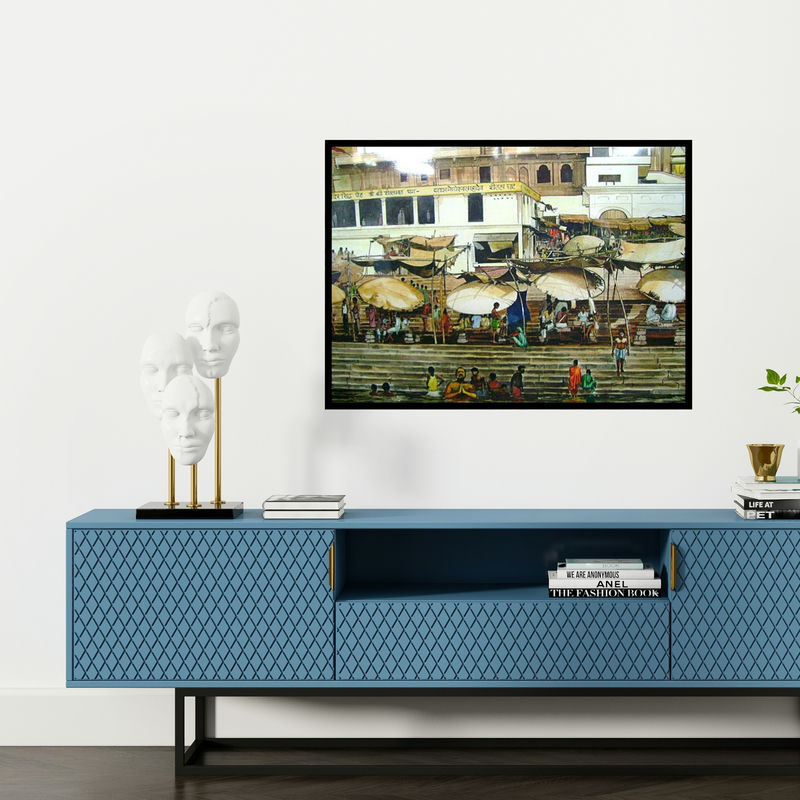 Preview of 'Banaras Ghat (Untitled)' Painting by Bijay Biswaal shown on a wall in a furnished room.