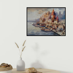 In-situ view of Nanasaheb Yeole's 'Banaras Ghat (Dawn on the Ganges)' painting in a room