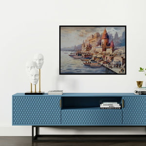 Preview of 'Banaras Ghat (Dawn on the Ganges)' Painting by Nanasaheb Yeole shown on a wall in a furnished room.