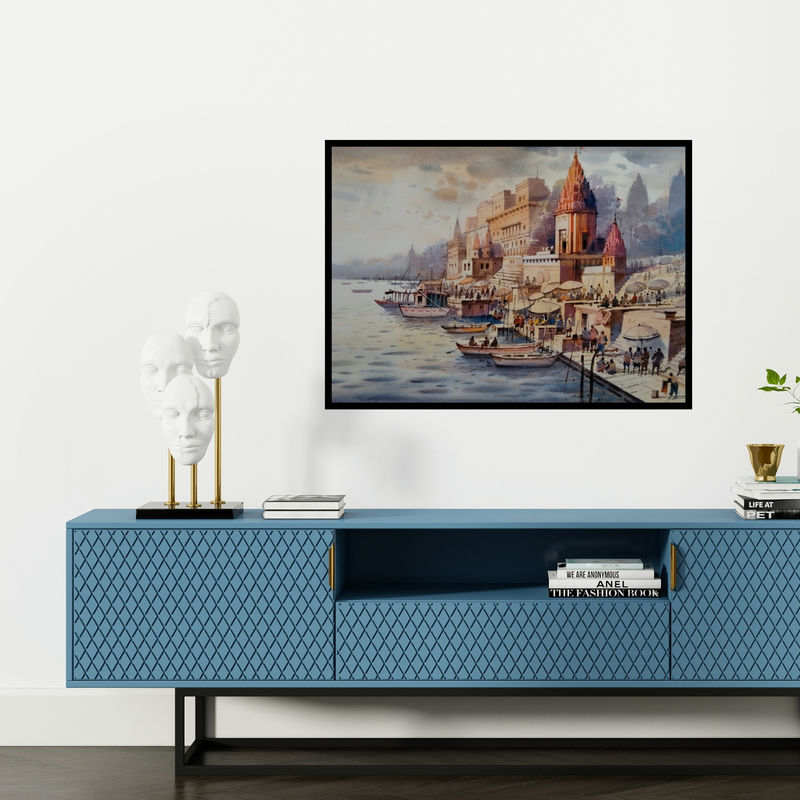 Preview of 'Banaras Ghat (Dawn on the Ganges)' Painting by Nanasaheb Yeole shown on a wall in a furnished room.