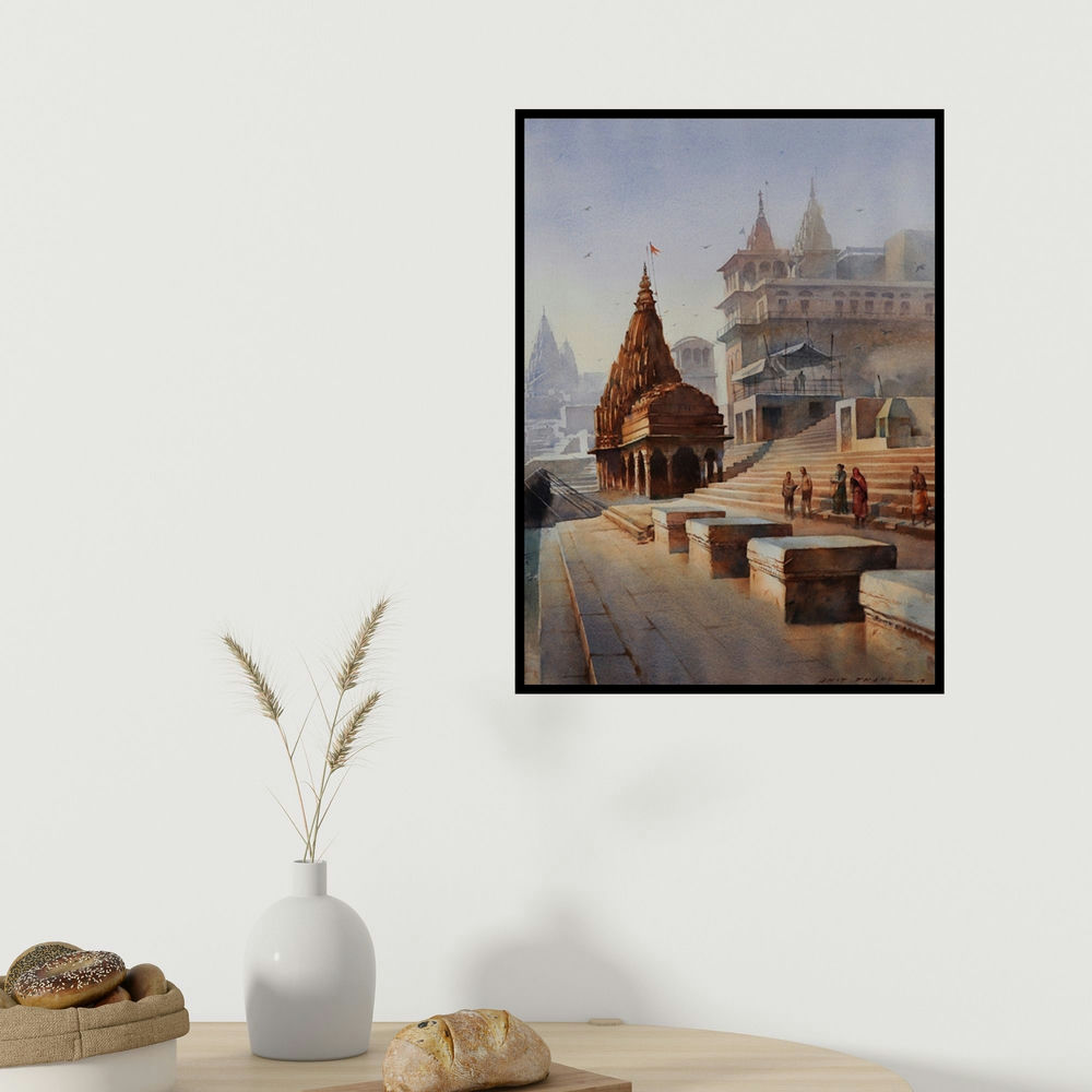 Amit Dhane's 'Banaras Ghat (Varanasi Temple Ghat)' painting visualized above a sofa in a contemporary room.