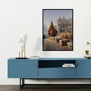 'Banaras Ghat (Varanasi Temple Ghat)' painting by Amit Dhane shown on a wall in a furnished room.