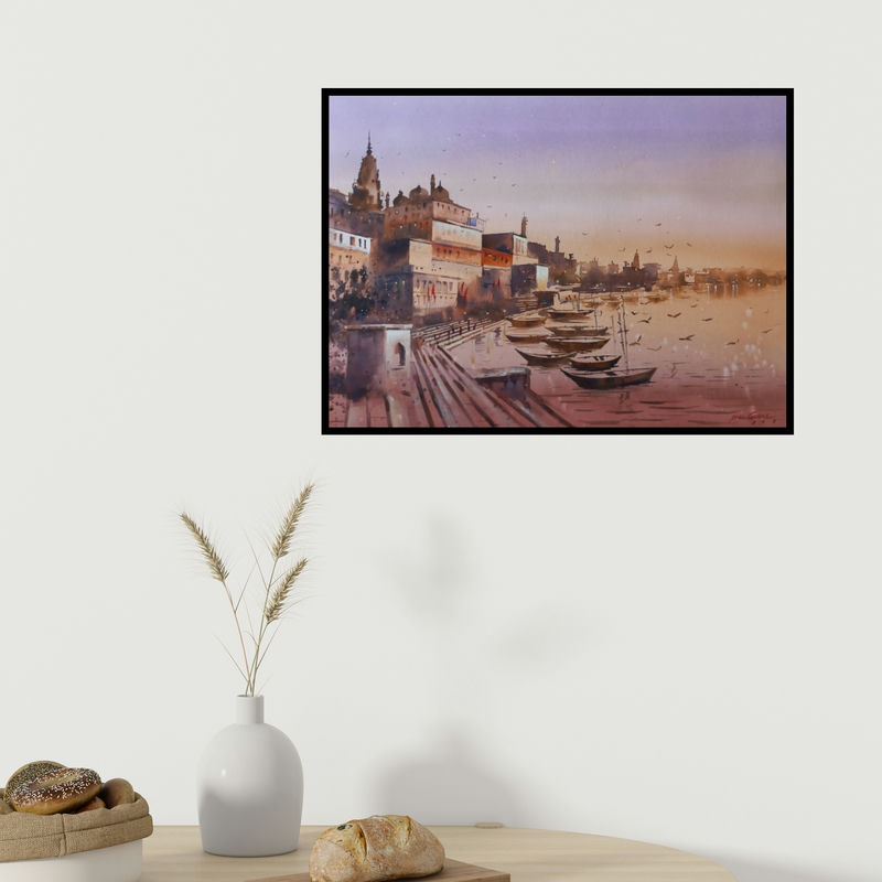 In-situ view of Atul Gendle's 'Banaras Ghat (Varanasi's Golden Hour)' painting in a room