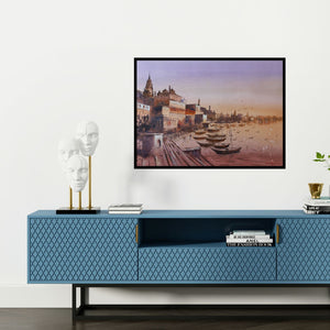 Preview of 'Banaras Ghat (Varanasi's Golden Hour)' Painting by Atul Gendle shown on a wall in a furnished room.