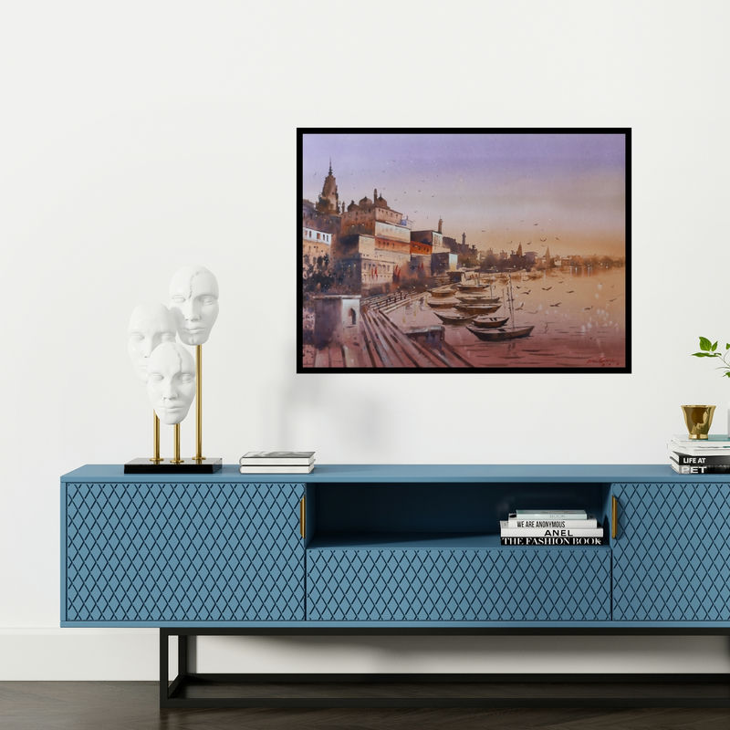 Preview of 'Banaras Ghat (Varanasi's Golden Hour)' Painting by Atul Gendle shown on a wall in a furnished room.