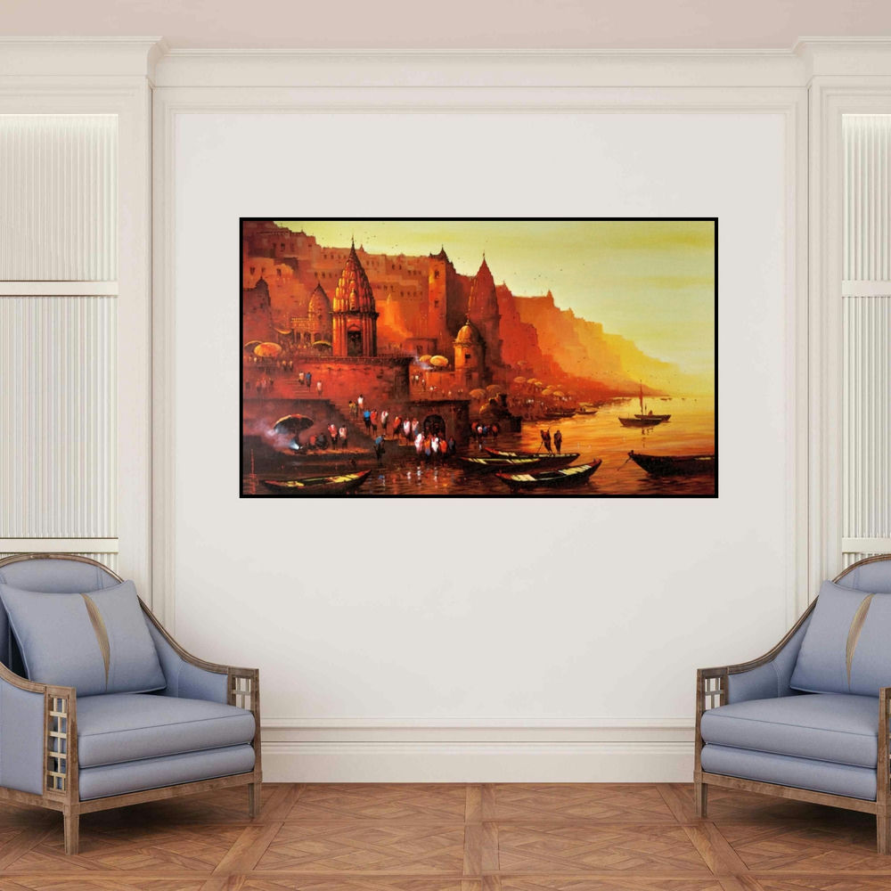 'Banaras Ghat 8' painting by Ashif Hossain shown on a wall in a furnished room.