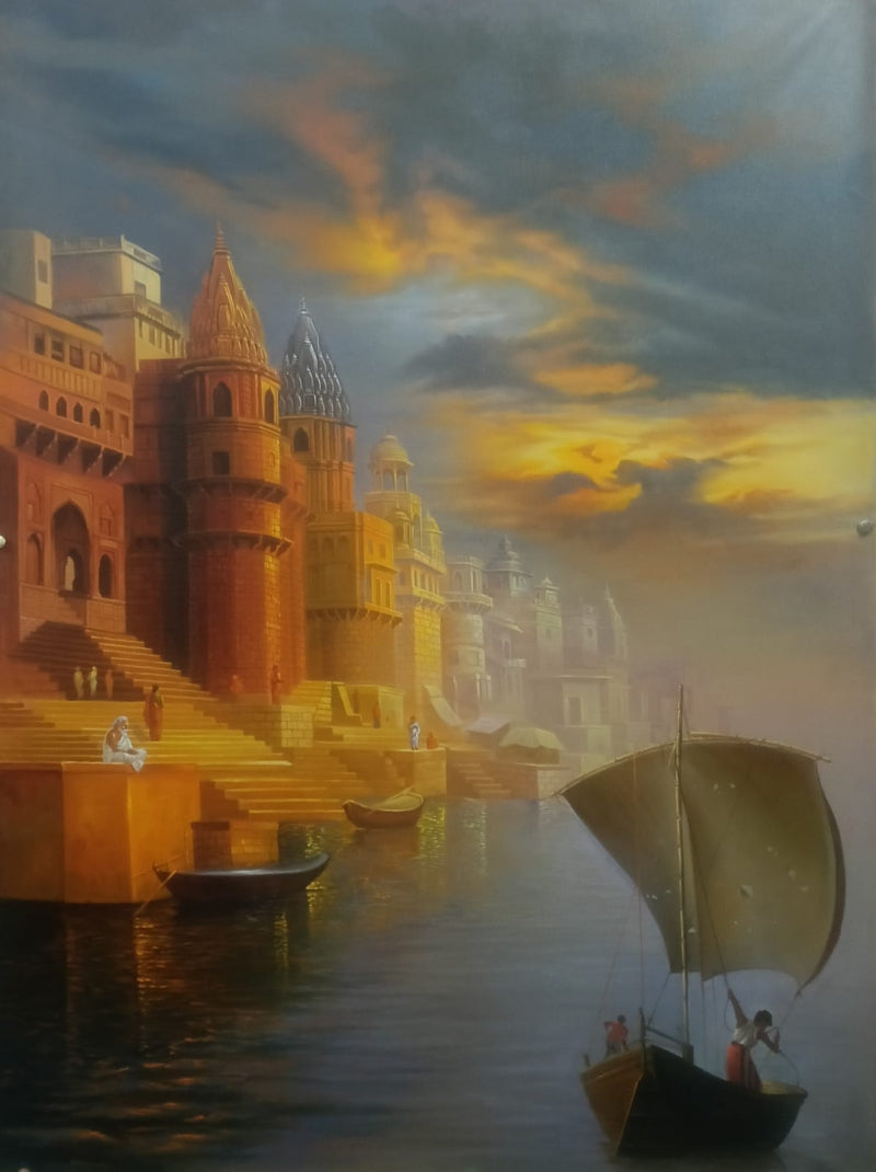 Banaras Ghat' religious oil painting by artist Kamal Rao, 48x36 inch, on canvas