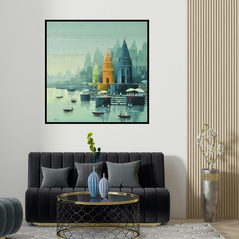 Reba Mandal's 'Banaras Ghat (Varanasi Ghats at Sunrise)' painting visualized above a sofa in a contemporary room.