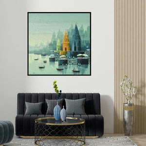 Reba Mandal's 'Banaras Ghat (Varanasi Ghats at Sunrise)' painting visualized above a sofa in a contemporary room.