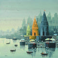 Religious acrylic painting titled 'Banaras Ghat', 36x36 inches, by artist Reba Mandal on Canvas