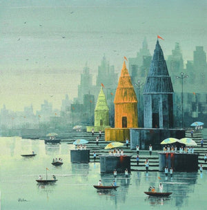 Religious acrylic painting titled 'Banaras Ghat', 36x36 inches, by artist Reba Mandal on Canvas