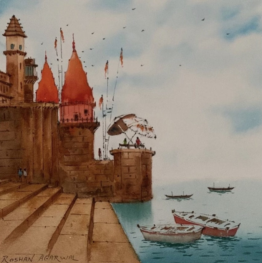 Banaras Ghat' religious watercolor painting by artist Roshan Agarwal, 12x12 inch, on paper