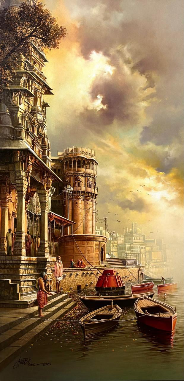 'Banaras Ghat' religious acrylic-oil painting by artist Amit Bhar, 48x24 inch, on canvas