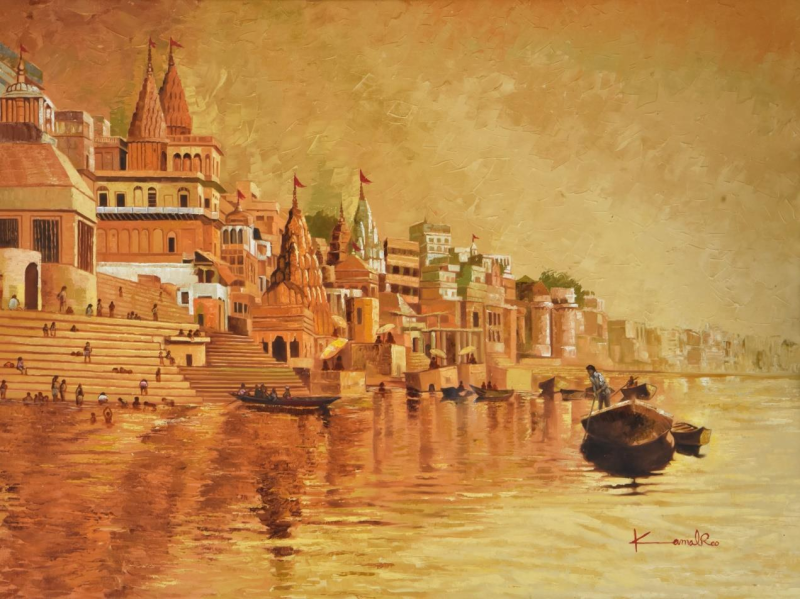 Banaras Ghat' religious oil painting by artist Kamal Rao, 36x48 inch, on canvas